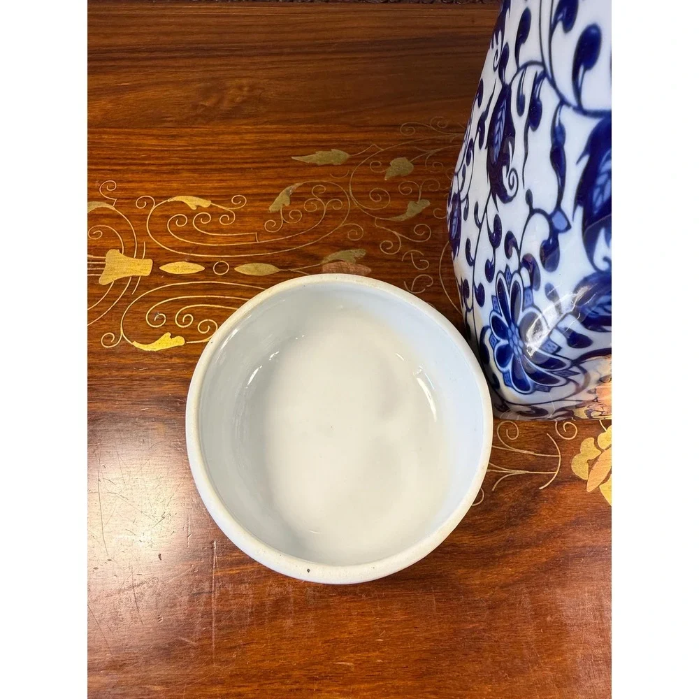 Vintage Bombay Blue & White Porcelain Ginger Jar • Lotus Floral Lidded Jar